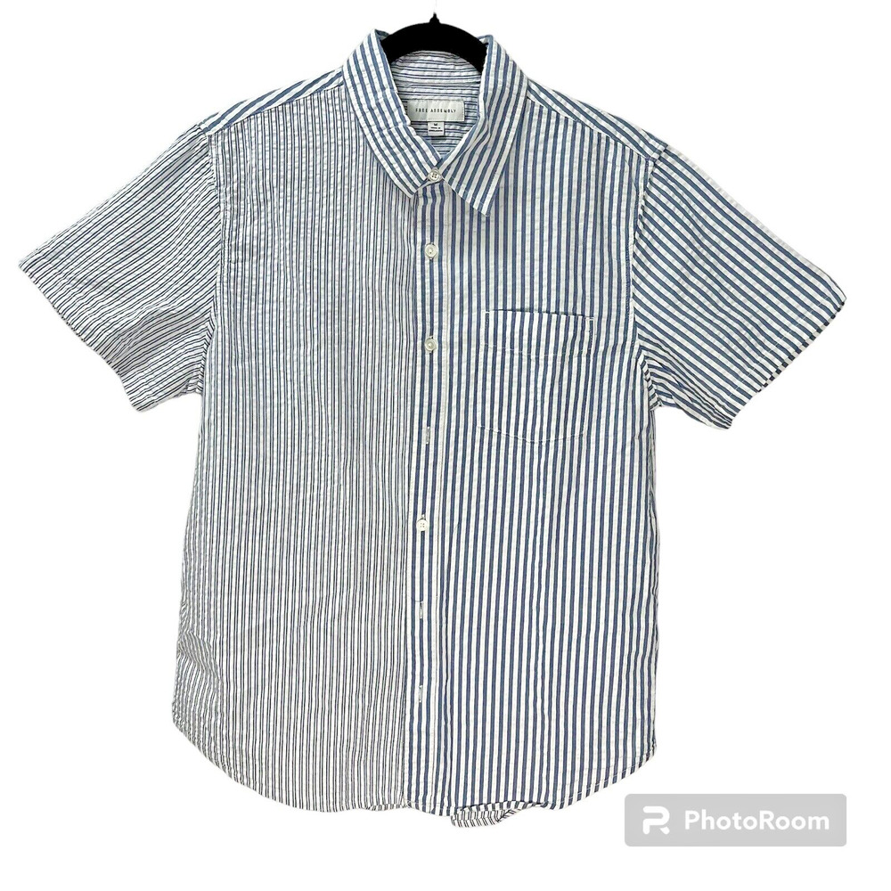 Free Assembly Mens Shirt Collared Button Down Seersucker Blue White Strip Cotton
